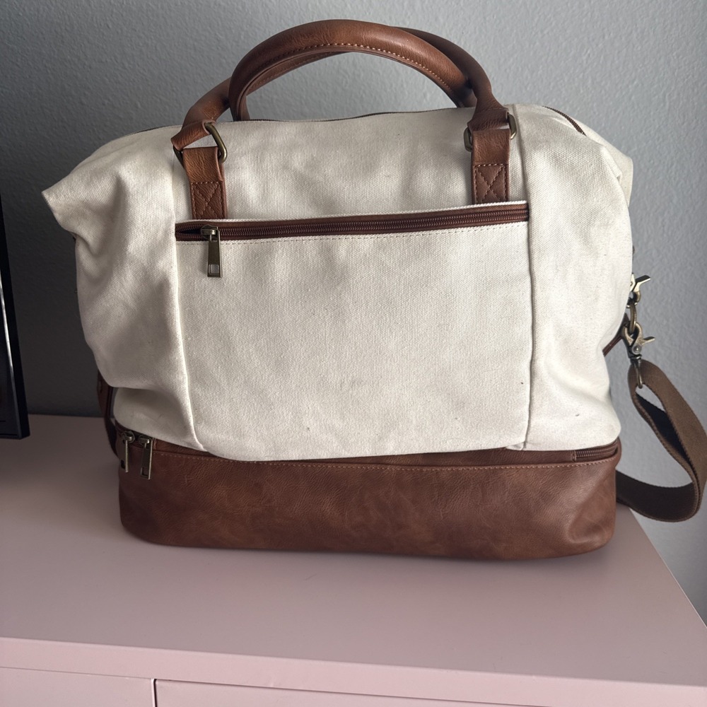 Canvas Weekender Carry-on Duffle Bag Cream/Brown Shoe Compartment/Laptop Sleeve - Picture 3 of 9